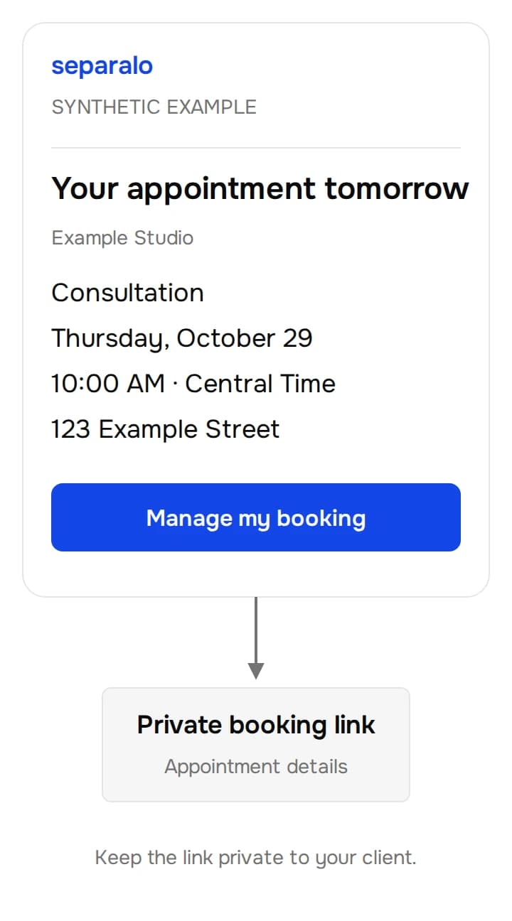 Illustrated email for a synthetic 10:00 AM appointment, with a private link leading to booking details.
