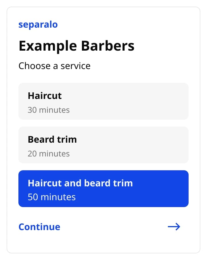 Illustrated service selection for a synthetic barbershop, with the 50-minute haircut and beard trim selected.