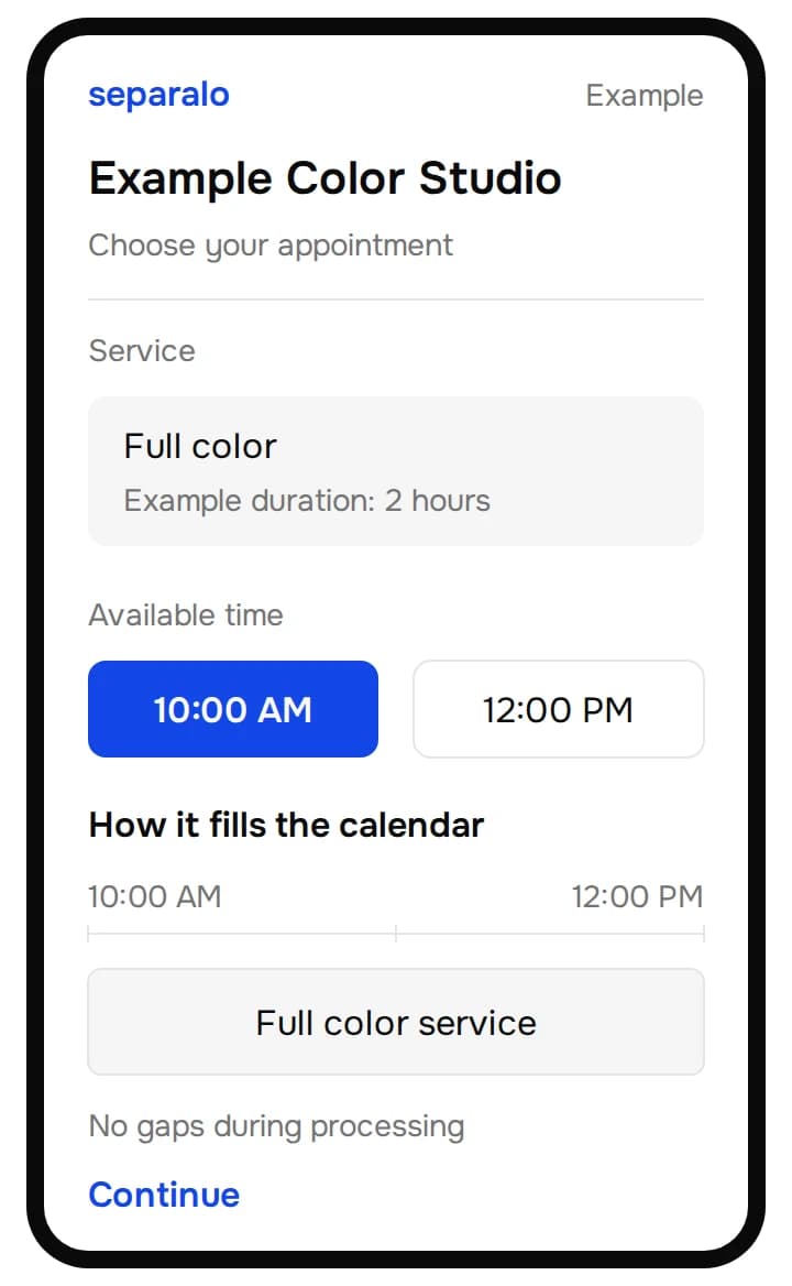Illustrated booking for a synthetic salon: a two-hour color service at 10:00 AM fills the calendar through 12:00 PM, with no gap during processing.