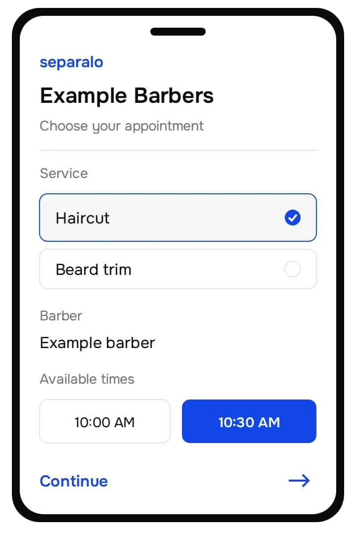 Illustrated service and time selection for a synthetic barber shop, with a haircut and 10:30 AM selected.