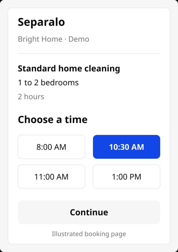 Illustrated cleaning booking page with a two-hour standard cleaning for one to two bedrooms and 10:30 AM selected.