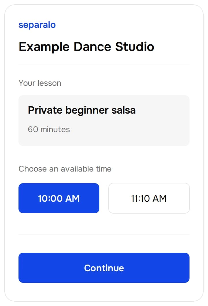 Illustrated booking page for Example Dance Studio, with a 60-minute private beginner salsa lesson and 10:00 AM selected.
