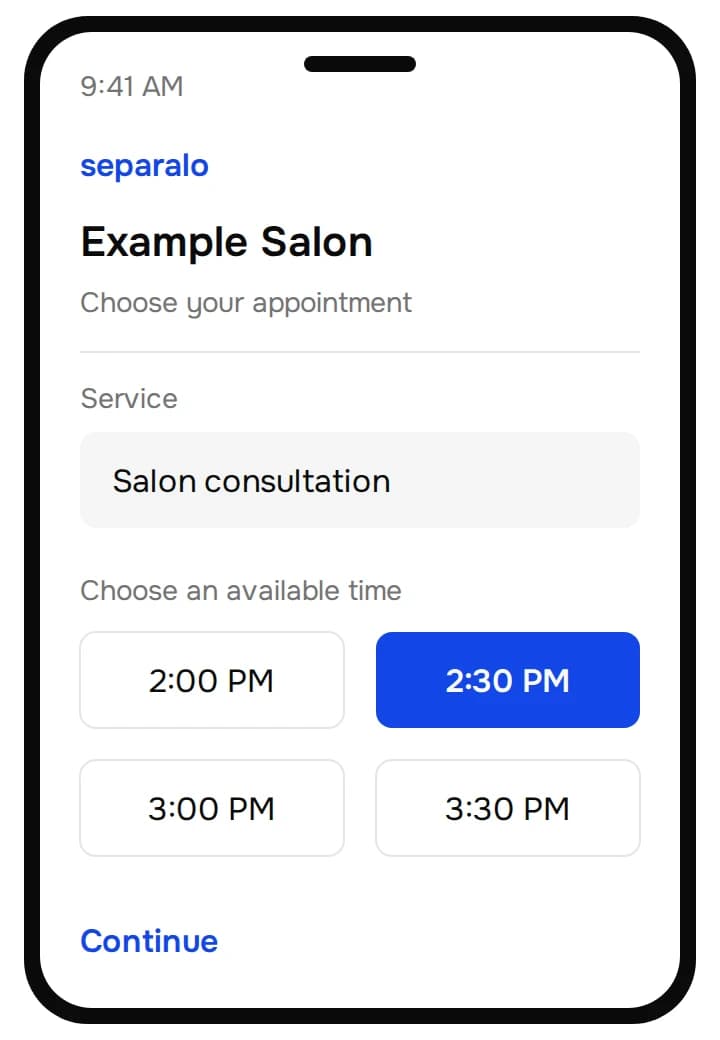 Illustrated Separalo booking for synthetic Example Salon, with a salon consultation and 2:30 PM selected.