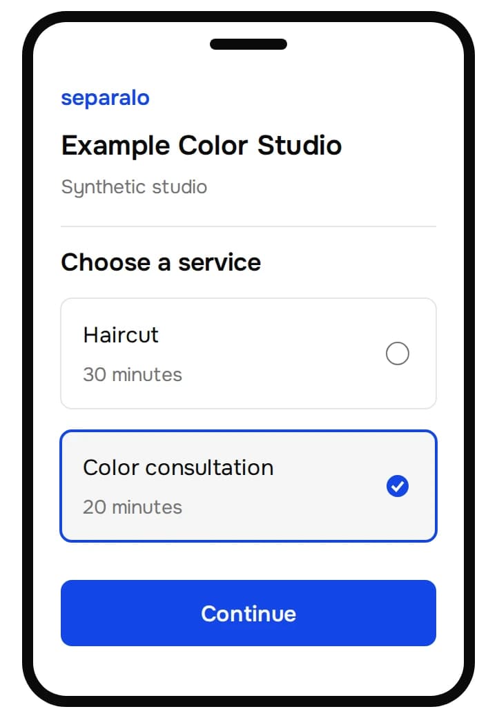 Illustrated Separalo service list for synthetic Example Color Studio, with a twenty-minute color consultation selected.