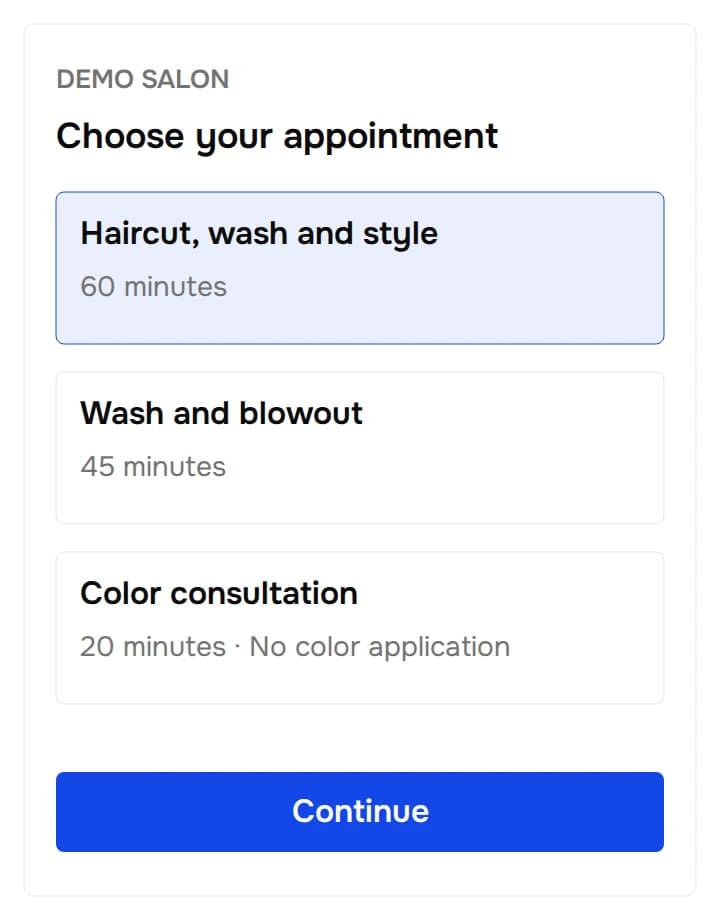 Illustrated salon menu with a 60-minute haircut, wash and style, a 45-minute blowout and a 20-minute color consultation. The haircut is selected.