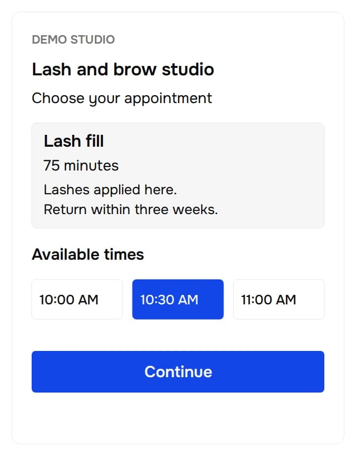 Illustrated lash booking page with a 75-minute fill for returning clients and 10:30 AM selected.