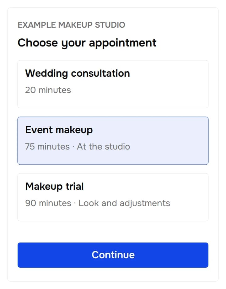 Synthetic booking menu with a 20-minute wedding consultation, 75-minute event makeup and 90-minute makeup trial. Event makeup is selected.