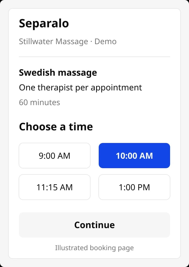 Illustrated massage booking page with a 60-minute Swedish massage and 10:00 AM selected. One therapist per appointment.