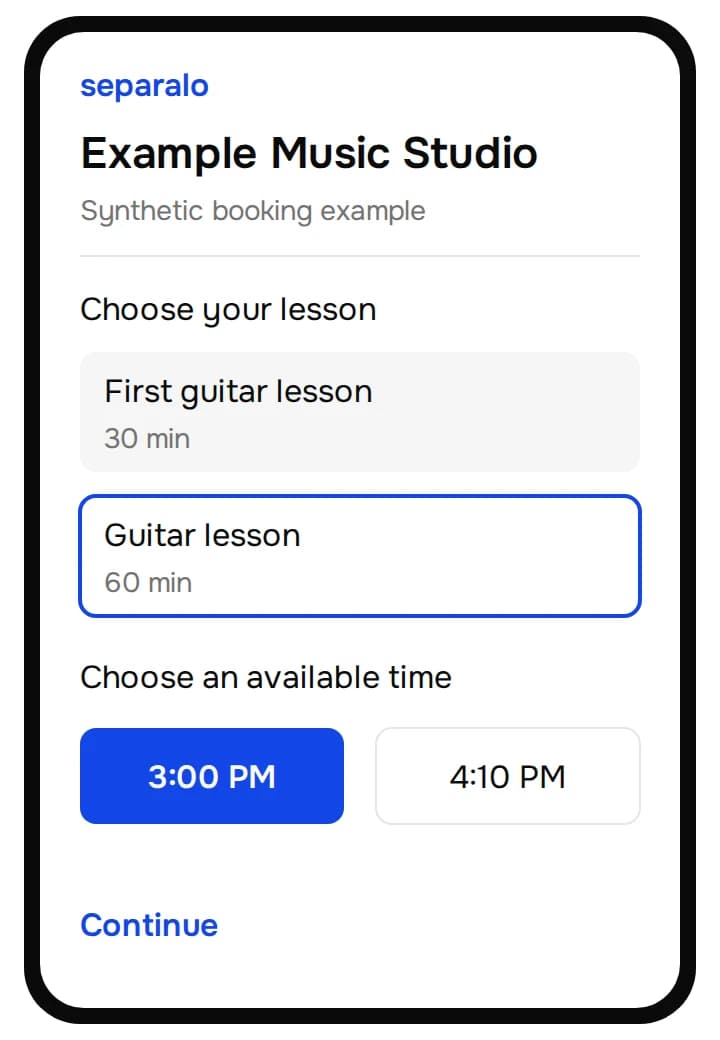 Illustrated music booking page with a 60-minute guitar lesson and 3:00 PM selected.