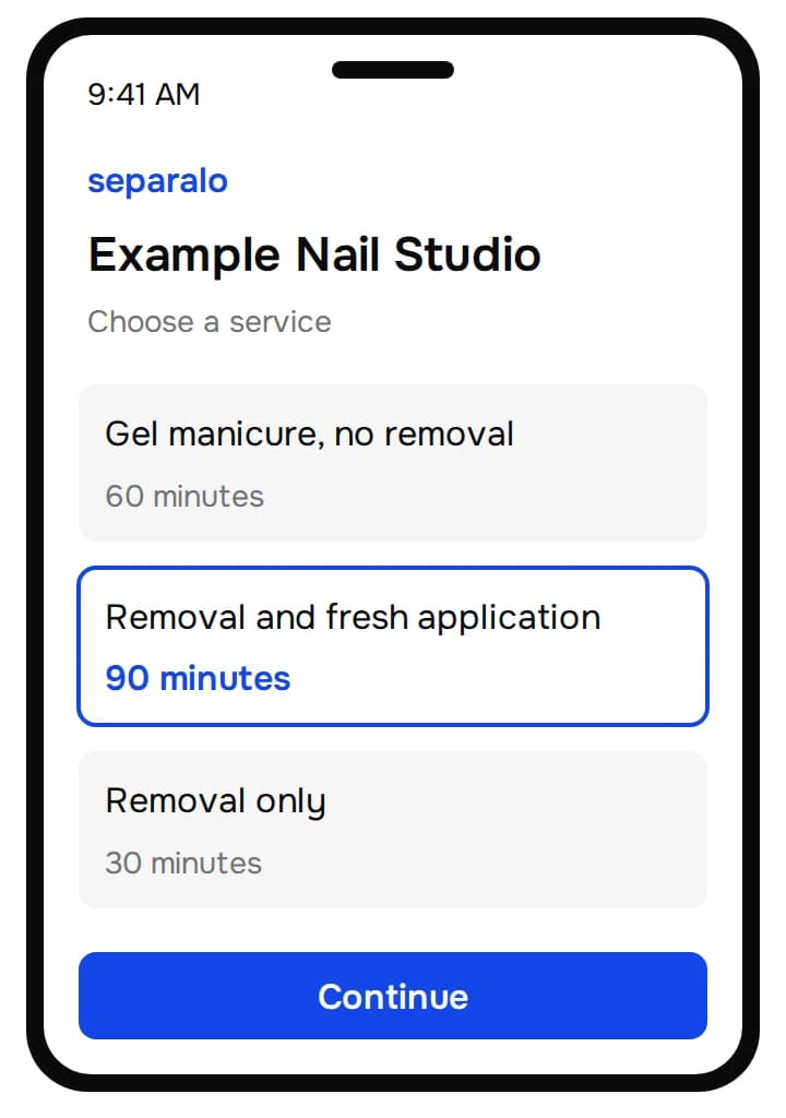 Illustrated nail service menu with gel manicure without removal for 60 minutes, removal and fresh application for 90 minutes selected, and removal only for 30 minutes.