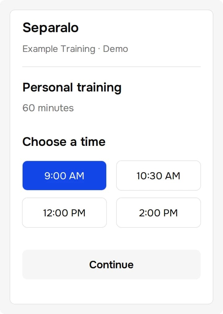 Illustrated personal training booking for a synthetic business, with a 60-minute session and 9:00 AM selected.