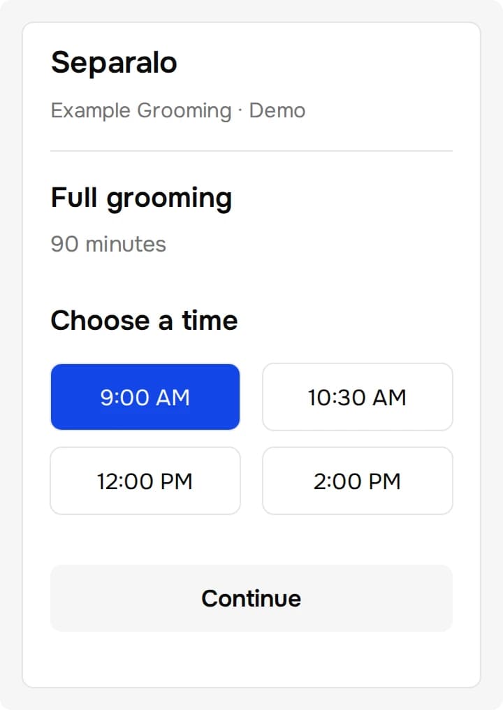 Illustrated pet grooming booking for a synthetic business, with a 90-minute session and 9:00 AM selected.