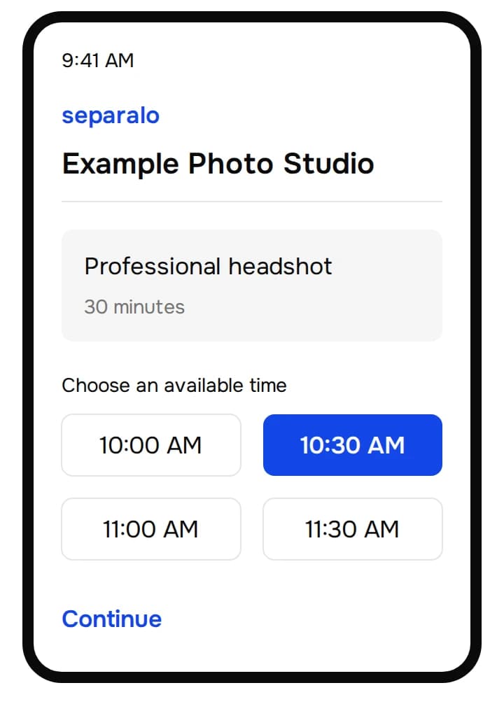 Illustrated booking page for a synthetic photography studio, with a 30-minute professional headshot and 10:30 AM selected.