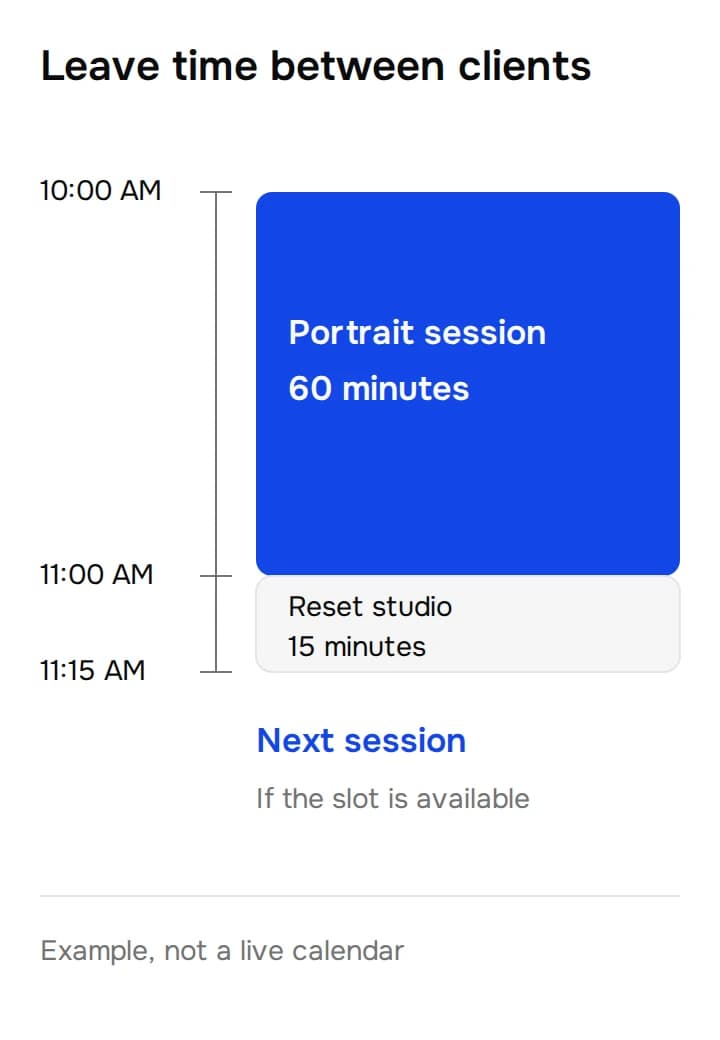 Example schedule showing a portrait session from 10:00 AM to 11:00 AM, a 15-minute reset until 11:15 AM, and a possible next session afterward.