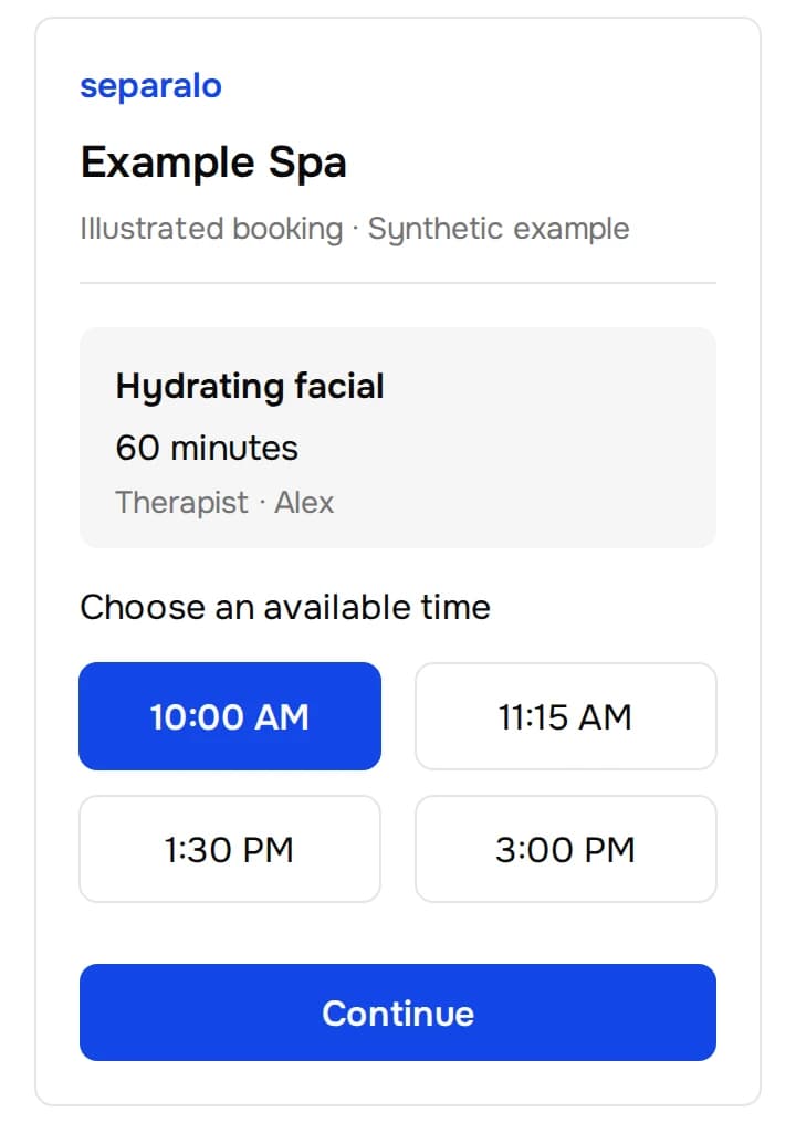 Synthetic spa booking with a 60-minute hydrating facial and 10:00 AM selected.
