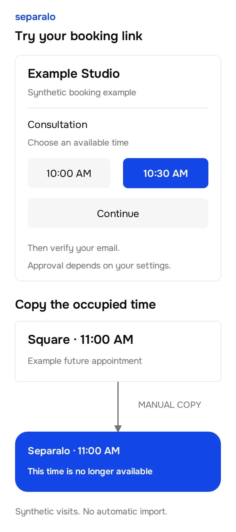 Illustrated Example Studio consultation at 10:30 AM. A synthetic Square appointment at 11:00 AM is copied by hand to occupy that time in Separalo.
