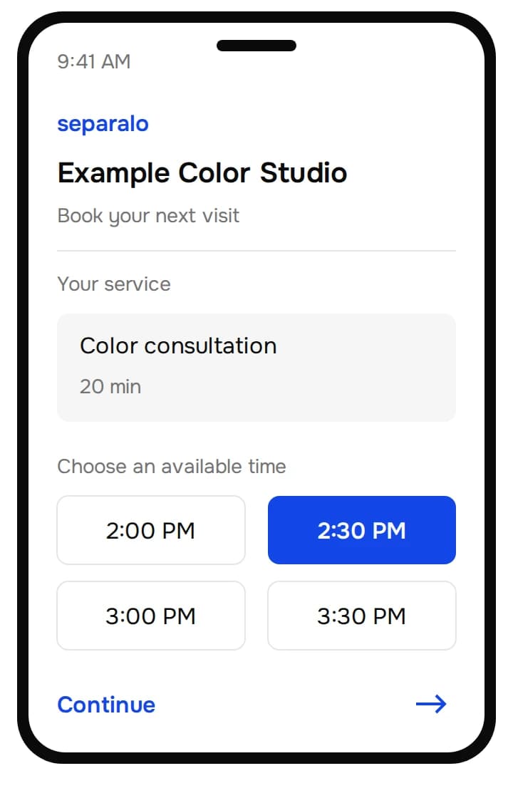 Illustrated Separalo color consultation for the synthetic Example Color Studio, with 2:30 PM selected.