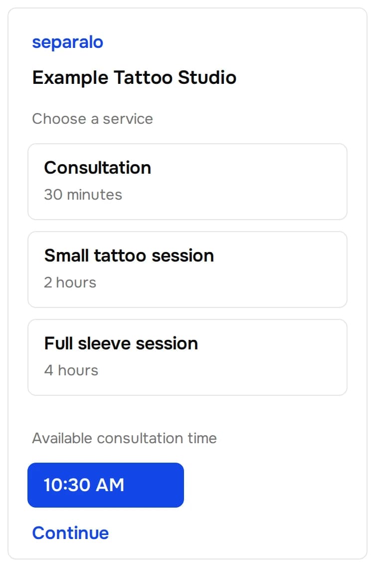 Illustrated tattoo service menu with a consultation, small tattoo session and sleeve session. A consultation time of 10:30 AM is selected.