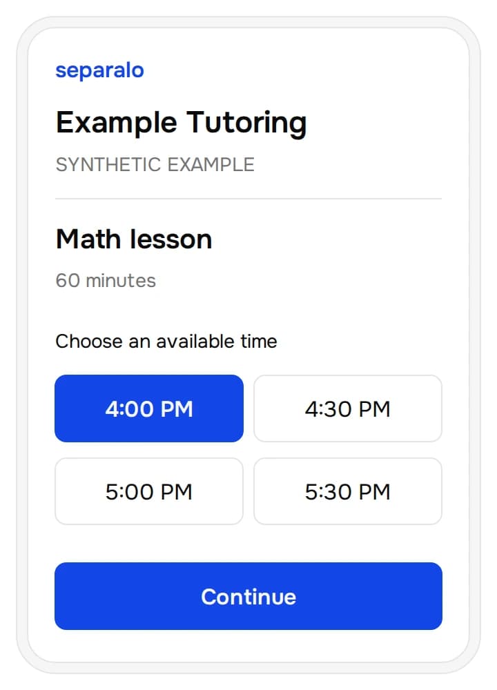 Illustrated synthetic tutor booking page for a 60-minute math lesson, with 4:00 PM selected.