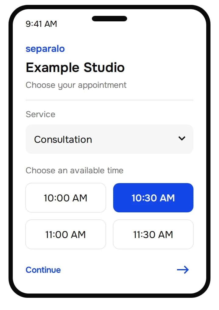 Illustrated Separalo consultation and time selection for a synthetic studio, with 10:30 AM selected.