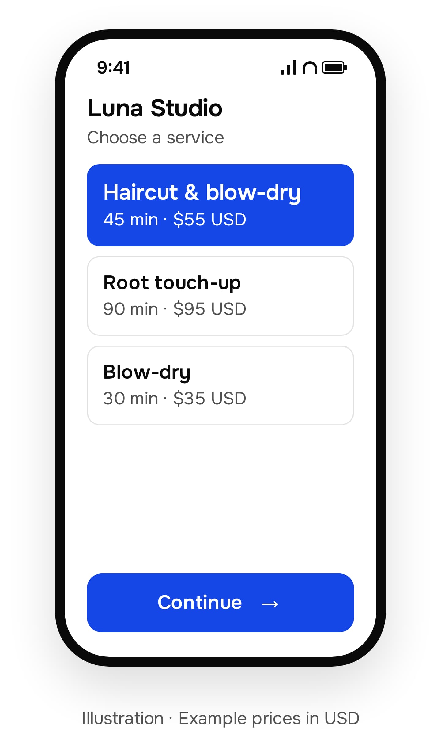 Illustrated Luna Studio menu with the 45-minute haircut and blow-dry selected at an example price of $55 USD.