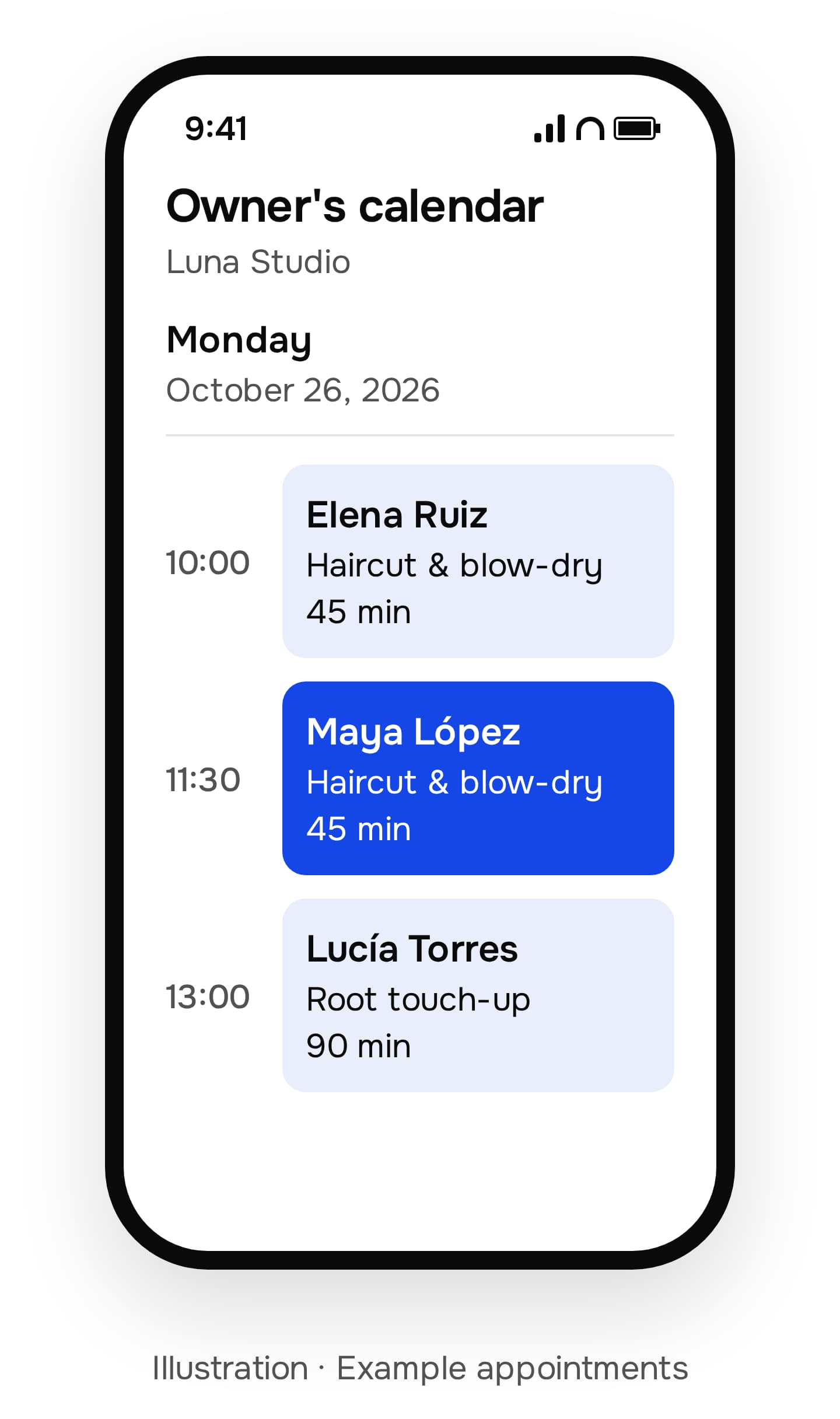 Illustrated Luna Studio owner calendar for Monday, October 26, 2026, with three example appointments and Maya López selected at 11:30.