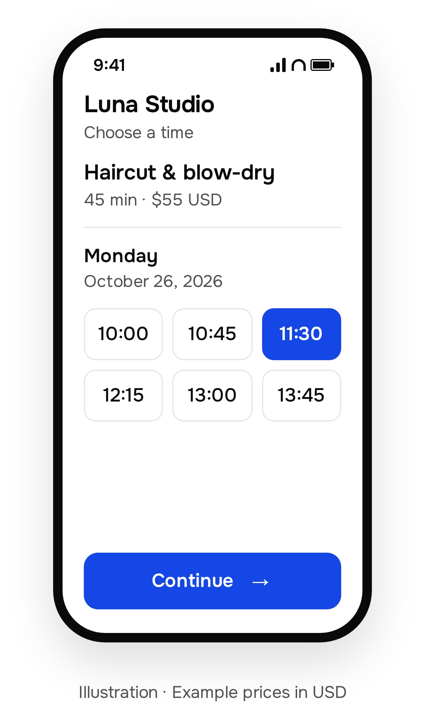 Illustrated time choices for a 45-minute haircut and blow-dry at an example price of $55 USD on Monday, October 26, 2026, with 11:30 selected.