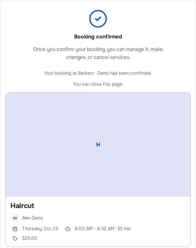 Confirmed booking. Barbers · Demo. Haircut.