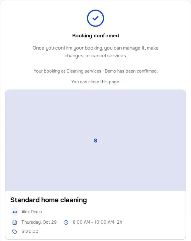 Confirmed booking. Cleaning services · Demo. Standard home cleaning.