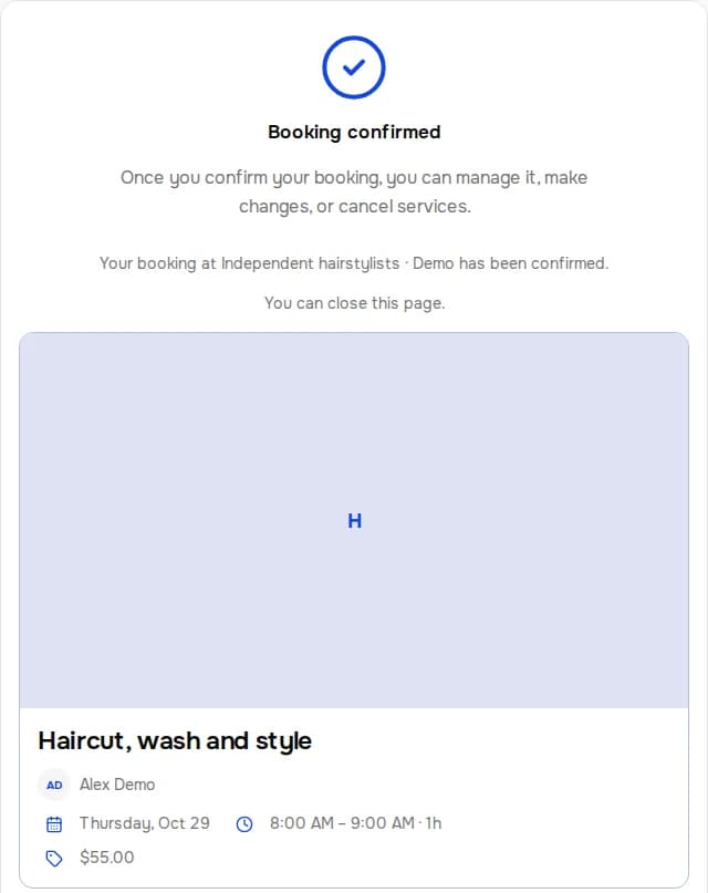 Confirmed booking. Independent hairstylists · Demo. Haircut, wash and style.