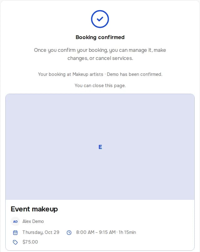 Confirmed booking. Makeup artists · Demo. Event makeup.