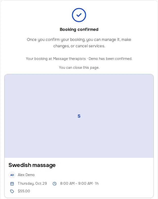 Confirmed booking. Massage therapists · Demo. Swedish massage.