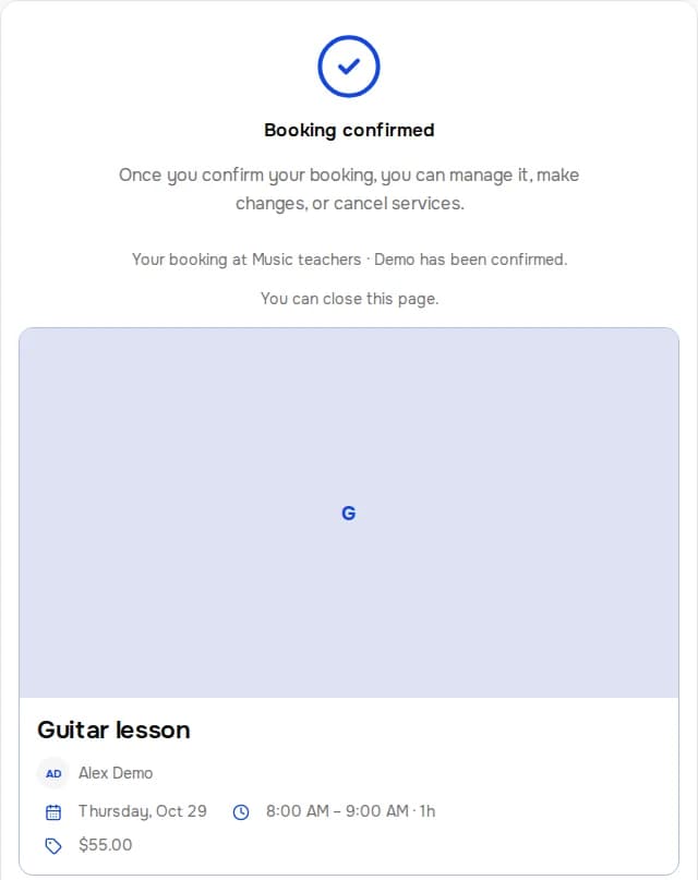 Confirmed booking. Music teachers · Demo. Guitar lesson.