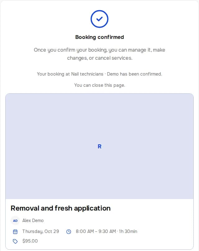 Confirmed booking. Nail technicians · Demo. Removal and fresh application.