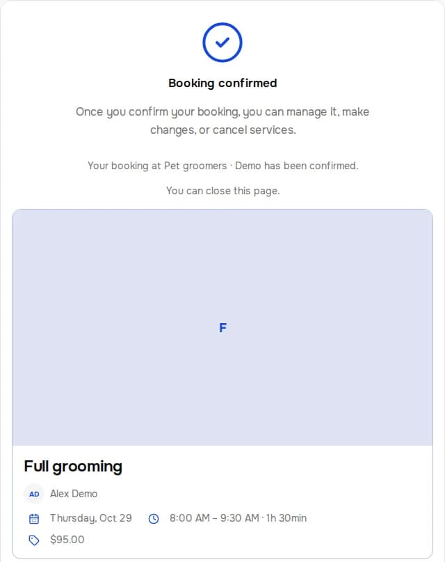 Confirmed booking. Pet groomers · Demo. Full grooming.