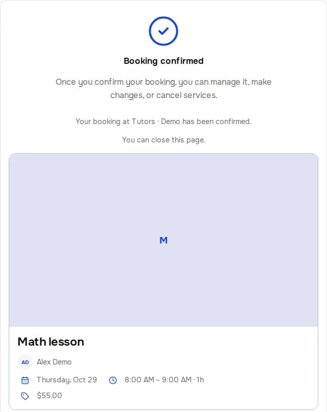 Confirmed booking. Tutors · Demo. Math lesson.