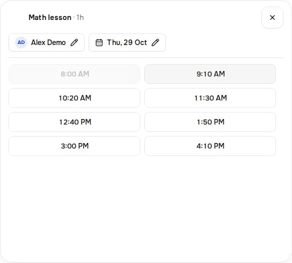 Date and time selection. Tutors · Demo. Math lesson.