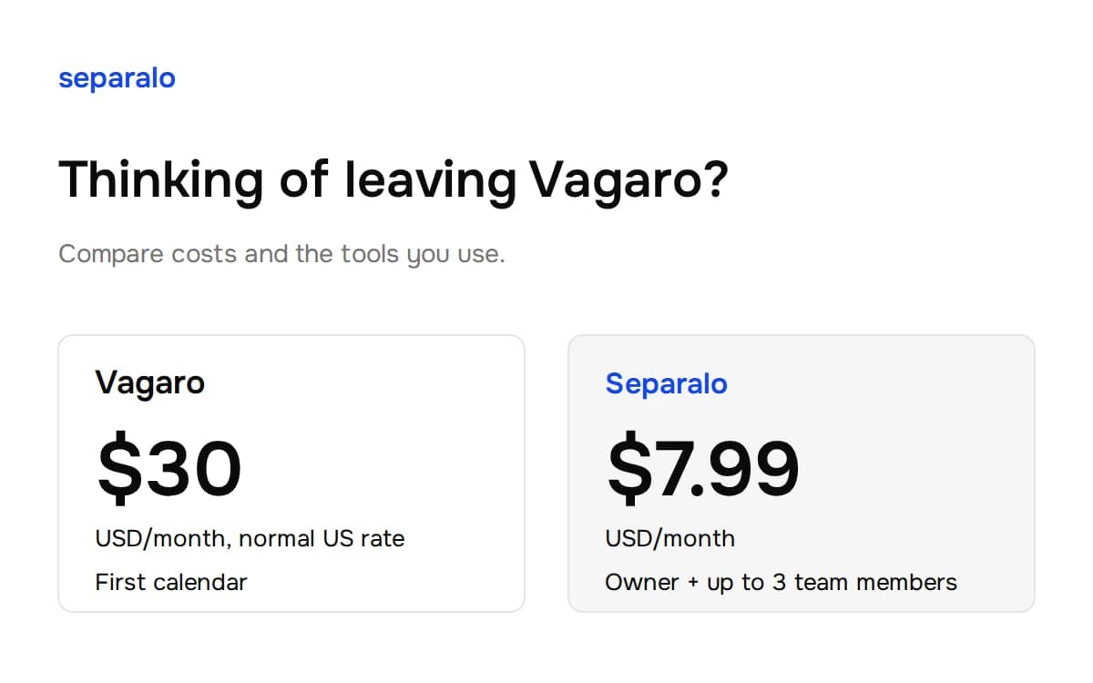 Monthly price comparison: Vagaro normally costs $30 USD for the first US calendar, while Separalo advertises $7.99 USD for an owner and up to three additional team members.